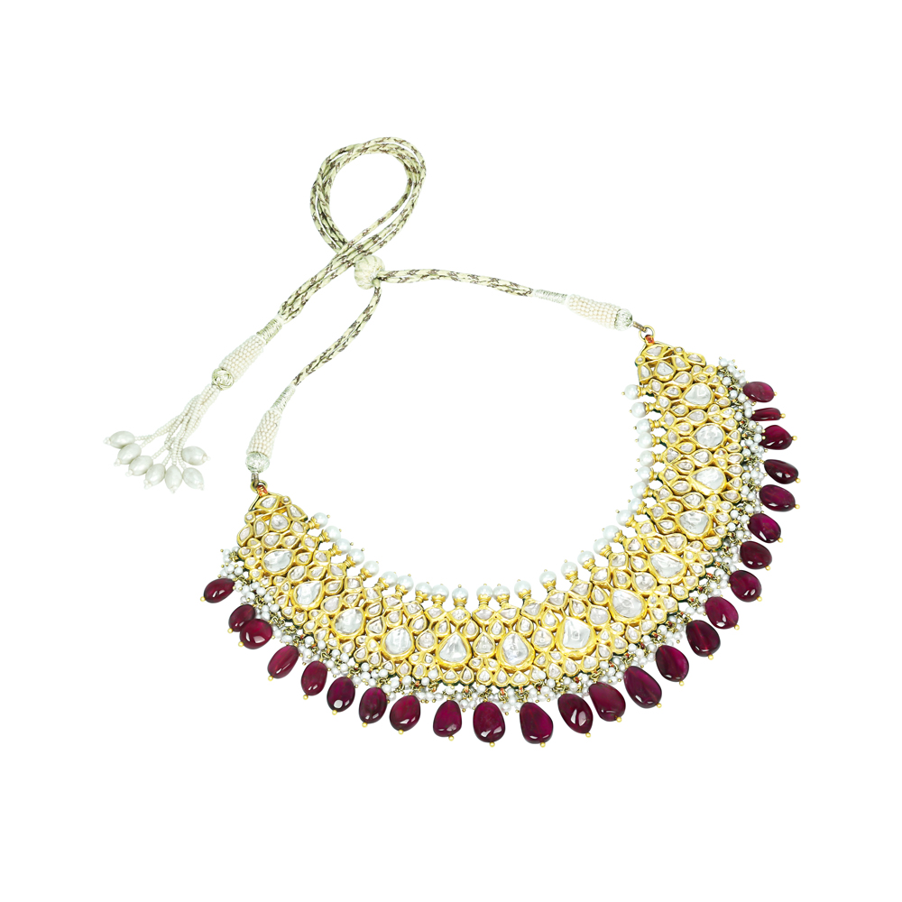 Layered Polki Necklace with Tourmaline Drops and Pearl Borders